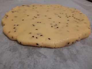 10、酥掉渣的饼干,将面团放在油纸上，揉圆压扁，放在两张油纸中间，用擀面杖擀开，擀成大约0.5的面片（擀得要比一般的饼干厚，放在两张油纸中间擀开，面团就不会粘擀面杖和案板了）