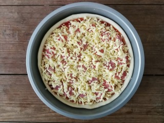 14、薄底香肠披萨,然后再撒上一层马苏里拉芝士