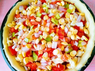 18、超长拉丝批萨,再撒上洋葱丁，玉米粒，青红椒，这样一层一层的撒上