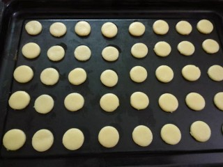 9、纽扣饼干,将刻好的圆形用小刀轻轻转移到不粘烤盘上，尽量不要变形，之间留间隙。