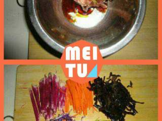 7、五彩东北大拉皮,瘦肉洗干净切条，用少许盐，五香粉，料酒，生抽腌制10分钟左右，再把配菜切丝