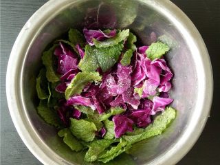 4、香肠沙拉,紫甘蓝,薄荷沥干水分;调入适量盐,黑胡椒粉,橄榄油,白醋;