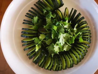 7、蓑衣黄瓜,将切好的香菜放在黄瓜上