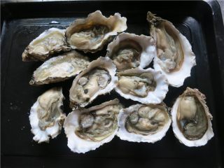 3、蒜蓉生蚝烤烤更美味,全部撬开放在一个盘里一旁备用，最好不要让蚝汁流出来