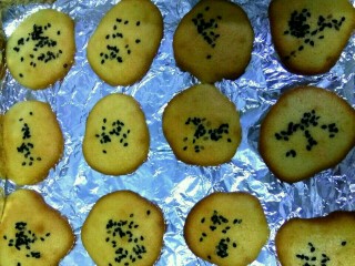 12、鸡蛋芝麻饼干,成品。十分钟就熟了，只是那样的饼干比较软，再加烤一会儿，饼干凉透之后是酥脆的