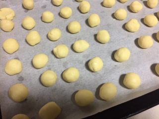 8、玛格丽特饼干,分成8克左右的小剂子搓成圆球，排在烤盘上。