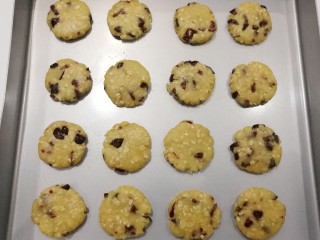 10、蔓越莓燕麦酥饼,再把小面团用手压扁，依次摆入不粘烤盘中，放入预热好的烤箱中层上下火170度烤约15分钟左右即好；