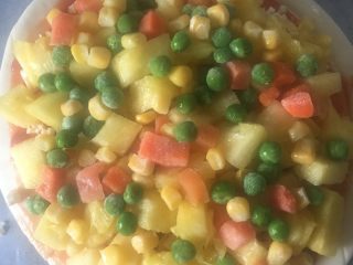 9、水果披萨,美国杂菜里有玉米粒，青豆，胡萝卜丁，颜色非常好