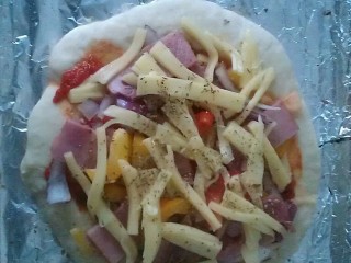 11、培根披萨,再撒一层马苏里,然后撒点披萨草,烤披萨有它更香