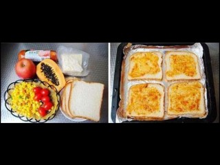 1、吐司水果披萨,香肠，洋葱切丝，小西红柿切片，木瓜和苹果去皮切块，玉米粒，豌豆用开水氽熟，马苏里拉奶酪切丝，把吐司片放在烤盘上。再均匀涂上披萨酱。