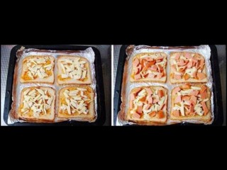 2、吐司水果披萨,加盖一层满马苏里垃奶酪丝，再加一层香肠片。