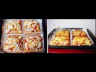 4、吐司水果披萨,再盖上一层马苏里拉奶酪，解散一些番茄酱。克披萨酱，放入预热好的190°的烤箱里，中层，烤十分钟让吐司变得两面金黄，奶酪融化即可。