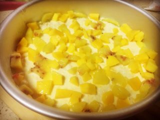 18、抹茶双味芝士生日蛋糕,平铺在'之前的饼干底上后再把三分之一的芒果丁铺在上面，第二层酸奶芝士慕斯就做好了，放冰箱冷藏备用