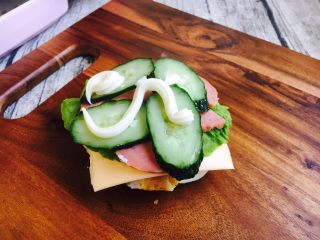 14、#感恩节食谱# 烧饼夹鸡蛋老火腿,放上黄瓜片,挤上少许的沙拉酱,再把另外一片烧饼盖上,烧饼夹鸡蛋老火腿就做好了。