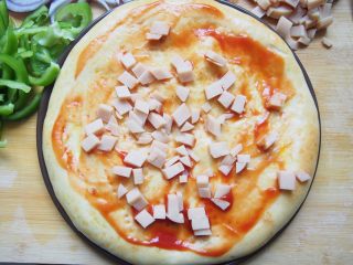 9、番茄鸡肉肠披萨,烤好的饼胚上刷一层番茄酱，洒上切碎的鸡肉肠。