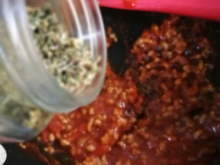 16、萨拉米白香肠培根薄底披萨(平底锅版),最后可以加入黑椒碎和罗勒碎,使酱料更浓郁。(这是加罗勒碎,加黑椒碎就不上照了)这个可以加可以不加。