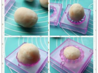 18、fluff草莓味棉花糖奶黄冰皮月饼,取一个包好的饼皮月饼，搓成略微细一点的圆柱，光滑的一头放入有花纹那一半模子里，按压出花纹，把上面整理一下，再扣上另一半模子，压紧就好了。