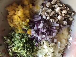 6、剩米饭的春天 米饭披萨,西兰花、彩椒、和香菇切丁一起放入米饭液中