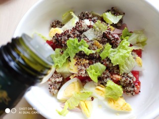 15、藜麦生菜沙拉,倒入少许橄榄油，再挤上几滴柠檬汁，拌匀。