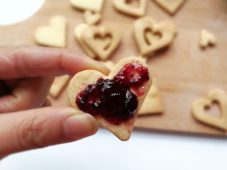 9、爱心果酱夹心饼干,烤好的饼干彻底晾凉，然后抹上适量蓝莓酱夹起来洒上糖粉装饰即可