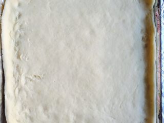 2、美味披萨,高筋面粉加入少量淀粉，发酵粉，橄榄油，盐，将牛奶加热和面，成光滑柔软的面团，发酵两倍大，铺在烤盘上