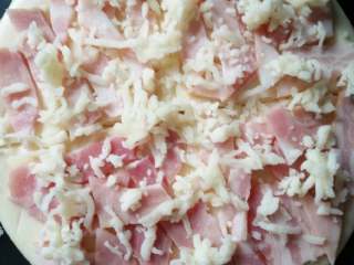 2、鸭肉培根莓干披萨,洒上点马苏里拉芝士，放烤箱200度烤几分钟，芝士化了拿出来