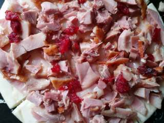 3、鸭肉培根莓干披萨,烤鸭鸭肉剁碎洒上一层，再洒点蔓越莓干碎