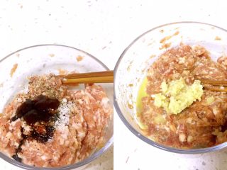 2、鲜肉月饼,再加入糖、黑胡椒、蚝油和老抽，继续搅拌，再加入姜泥和麻油，一直搅拌到肉馅都粘成一团
