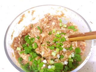 3、鲜肉月饼,最后加入葱花（葱提前切好葱花待用）搅拌均匀，把肉馅裹上保鲜膜放冰箱冷藏待用