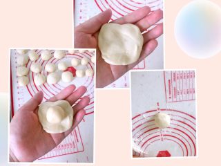 9、鲜肉月饼,取一小团水油皮，放在手心压扁，包入一团油酥，紧密包裹后用虎口收口，将收口捏紧后搓圆，就成酥皮面团啦