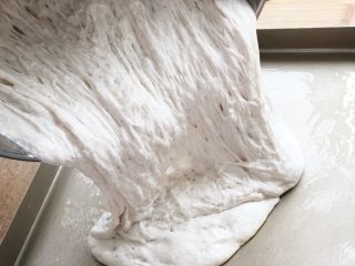 10、迷迭香佛卡夏(天然酵种),当面团发酵到体积至少增至1倍大时,将面团倒入烤盘内整形。倒入时依然能感觉到面团十足的筋度。