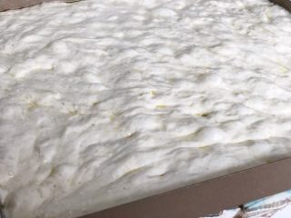 11、迷迭香佛卡夏(天然酵种),用沾了油的手指,轻轻推动面团,使其延展布满整个烤盘。(如果面团筋度很强不宜展开,让面团休息放松10分钟后再操作。)推动面团时,尽量保留面团中的气泡。