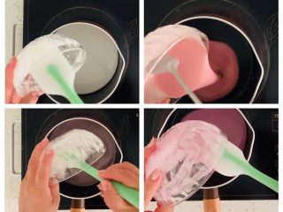 4、冰皮月饼,分别倒入不粘锅中,中小火加热。 不停的搅拌,防止糊底。