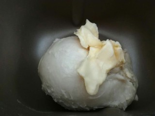 3、葱香肉松手撕包,一个程序结束后面团已经是扩展的阶段，我们加入提前软化好的黄油。再启动一个程序