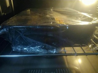 16、葱香肉松手撕包,盖上保鲜膜，送入烤箱开始发酵，发酵50分钟左右。为了让烤箱内保持一定的湿度，可以在里面放一碗温水。