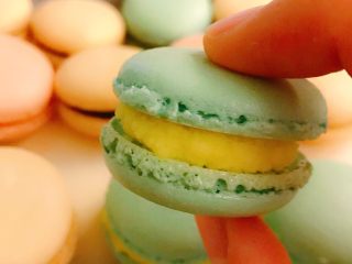 15、零失败 适合新手的法式马卡龙,再挤上馅就完成啦！超美的，绝对燃爆朋友圈，哈哈。我用的是柠檬蛋奶酱，酸咪咪的可以中和马卡龙壳的甜度。另外一定要冰箱冷藏两三天后，口感会更好，达到外脆内软就成功啦！