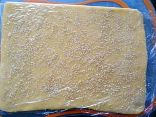 9、炉果,把剪开的保鲜膜盖上，用手轻松压一下，使芝麻粘更紧