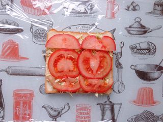 16、日式鸡胸肉蛋三明治,放上番茄片，整片的放中间