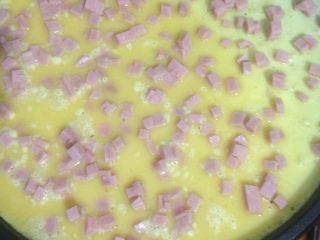 7、鸡蛋披萨饼,把火腿丁均匀的撒在鸡蛋液上