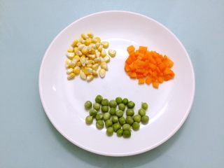 1、饺子皮披萨,玉米粒、豌豆、胡萝卜粒备好