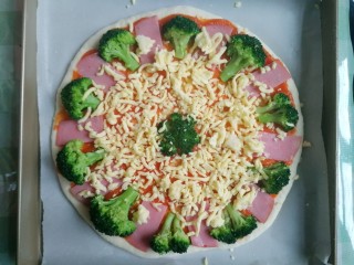 14、西兰花培根披萨,摆好西兰花和培根，先撒一层碎芝士