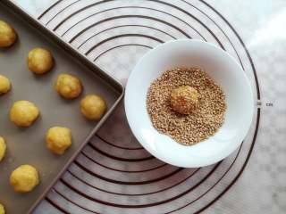 12、芝麻小酥饼,把面团沾湿裹上白芝麻