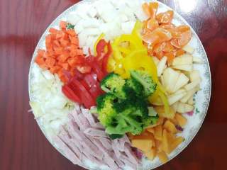 1、水果披萨,苹果、梨，橘子，西兰花，胡萝卜，红黄大辣椒。