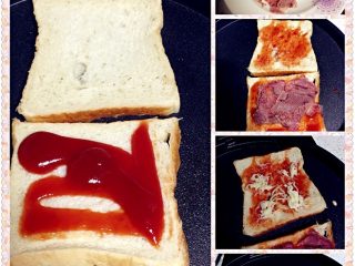 1、中式吐司披萨,电饼档预热，吐司上刷一层番茄酱