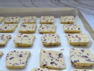 13、蔓越莓饼干,烤盘垫一层油纸，放入饼干胚，每一块之间留适量间距