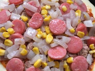 6、什锦披萨,把金枪鱼肉和炒过的蔬菜铺在饼皮上