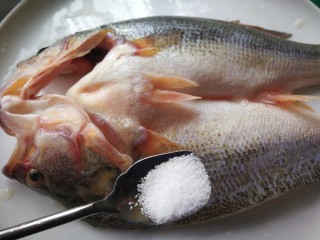 8、千张鲈鱼,盐均匀涂抹在鱼的正反面按摩出粘液