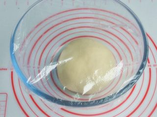 4、香肠吐司披萨,将揉好的面团放入烤箱中进行第一次发酵，在面团上盖一层保鲜膜，烤箱里放一碗温水，30度1小时（冬天时间根据面团发酵状态适当延长时间，而夏天30