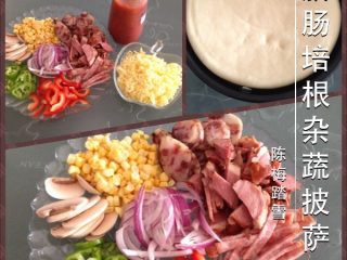 1、腊肠培根杂蔬披萨,如图准备好所有材料,洋葱、青椒、红椒、口蘑切丝,培根、鸭胸肉和腊肠切片,芝士刨丝。