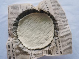 9、咖喱土豆泥披萨,烤盘上铺一层烘焙纸，然后将面饼放在上面，用叉子叉出气孔进一步防止烤的时候起鼓。